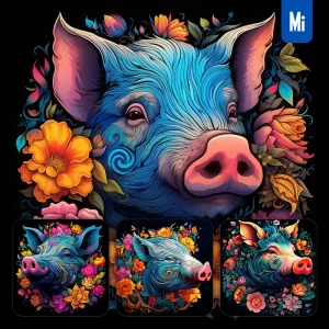 Midjourney Prompt Pig Flowers Head Face Artist Neon Colorful Painting Illustration