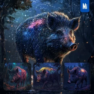 Midjourney Prompt Pig Wild Boar Night Enchanted Forest Starry Sky Illustration Painting