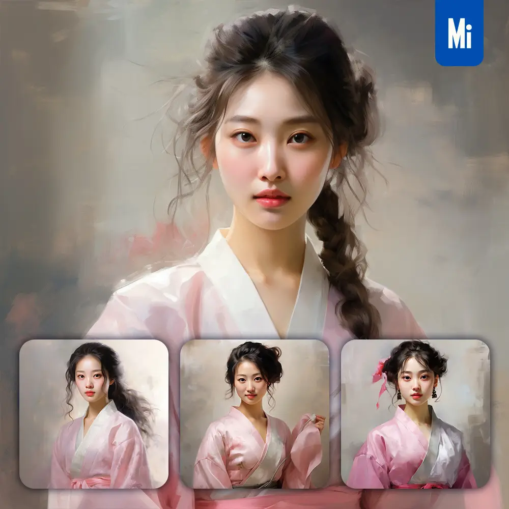 Midjourney Prompt Pink Korean Hanbok Lady Girl Woman Portrait Oil Painting