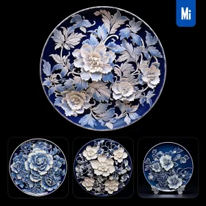 Midjourney Prompt Plate Dish Disc Flowers  Porcelain Blue Chinese China Pattern 3D