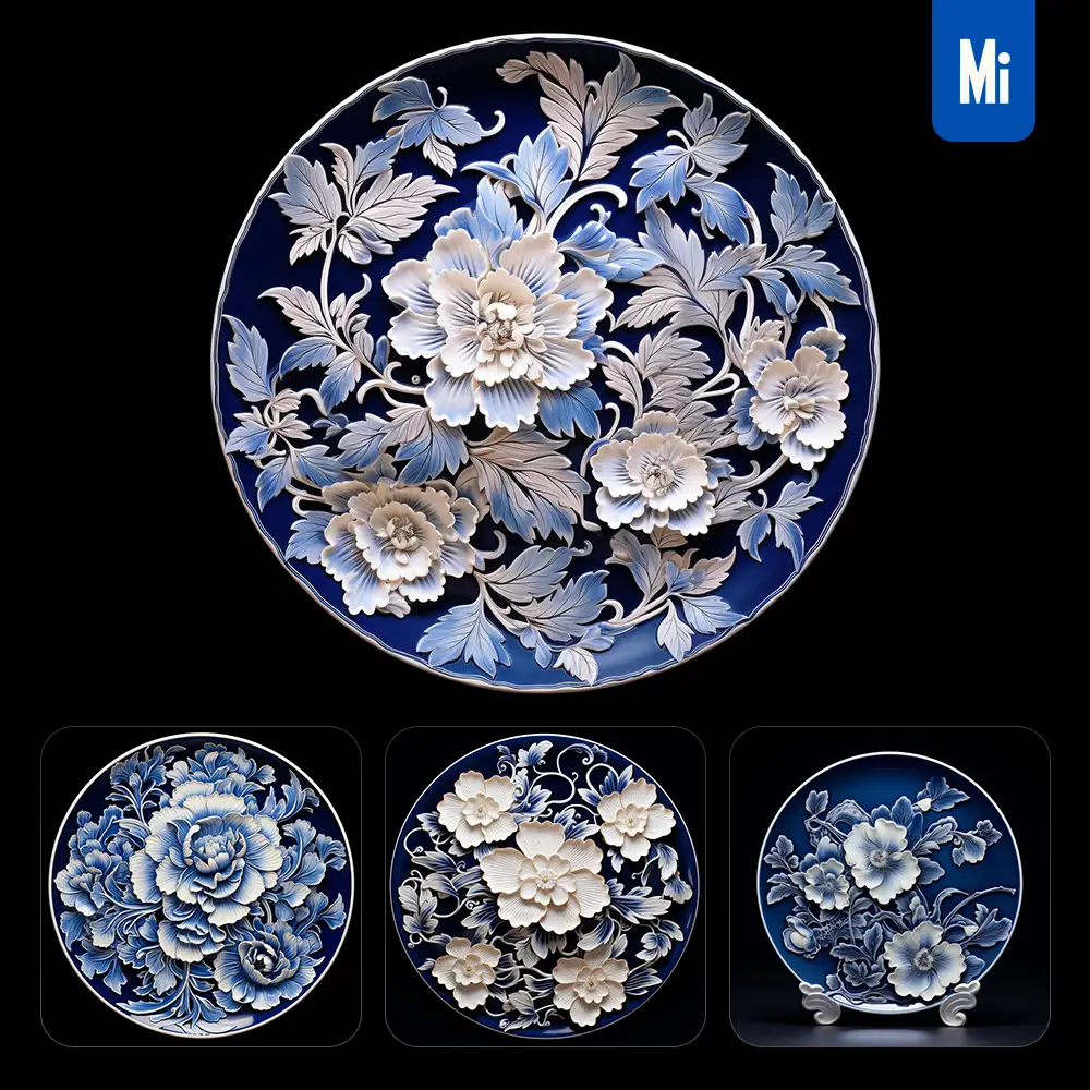 Midjourney Prompt Plate Dish Disc Flowers  Porcelain Blue Chinese China Pattern 3D