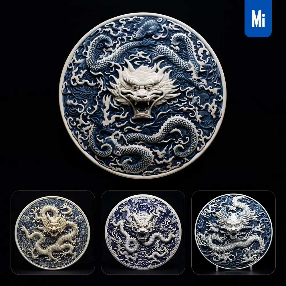 Midjourney Prompt Plate Dish Dragon Porcelain Blue Animals Chinese China Pattern 3D
