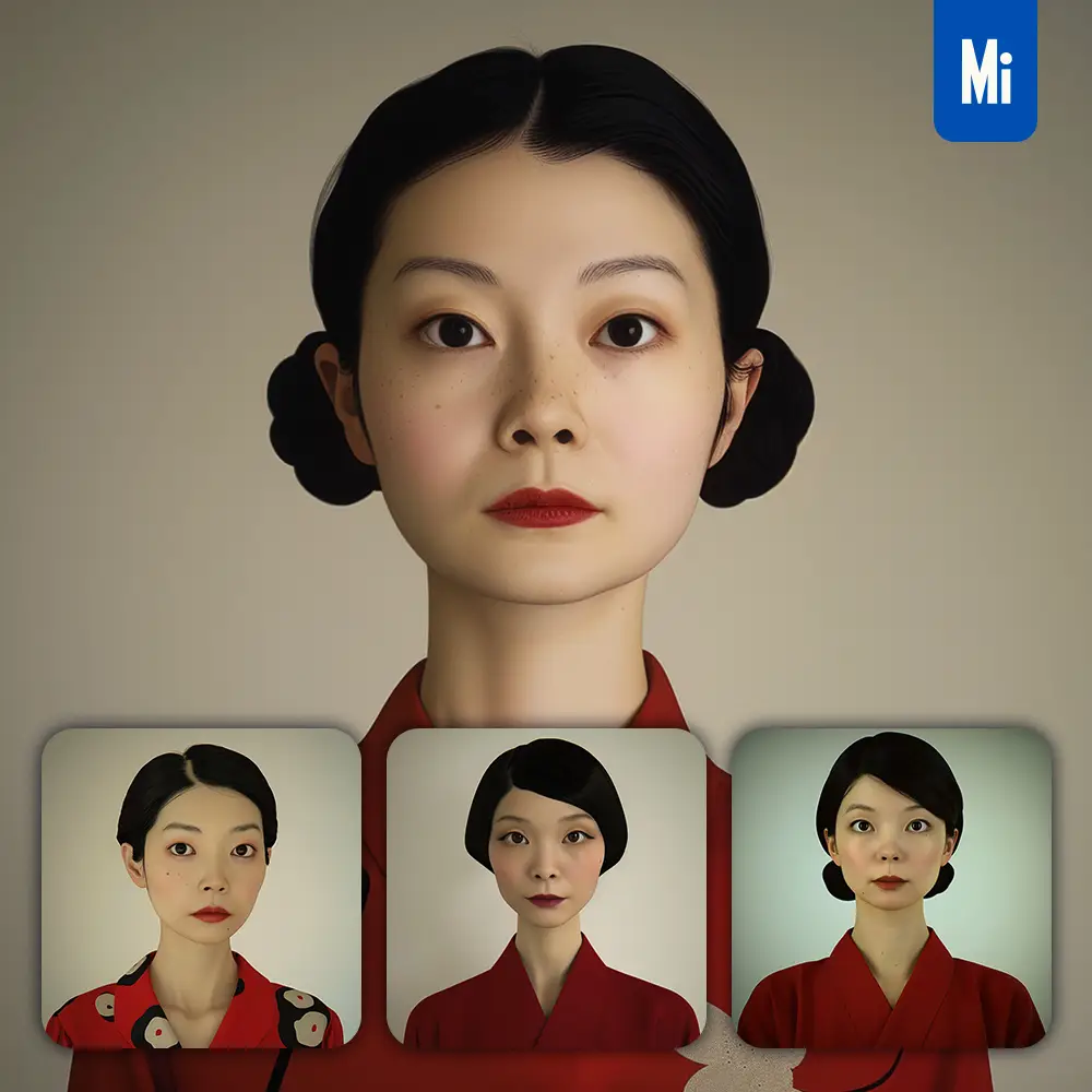 Midjourney Prompt Red Asian Japanese Kimono Grotesque Exaggerated Dress Woman Girl Lady Face Portrait Animation Cartoon Painting