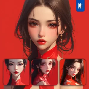 Midjourney Prompt Red Chinese Asian Cheongsam Beautiful Woman Girl Lady Face Portrait Animation Cartoon