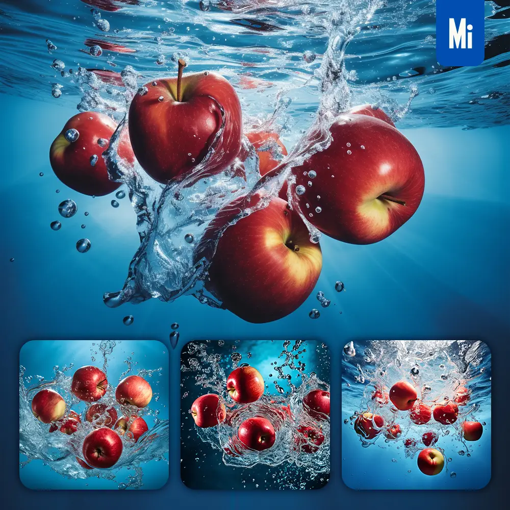 Midjourney Prompt Red Apples Underwater Splash Water Spray Photography