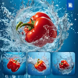 Midjourney Prompt Red Bell Pepper Underwater Splash Water Spray Photography