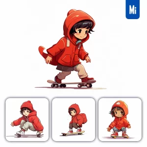 Midjourney Prompt Red Coat Boy Skateboarding Cartoon Illustration Drawing