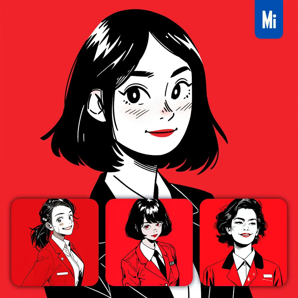 Midjourney Prompt Red Woman Girl Lady Uniform Female Flight Attendant Animation Character Portrait Cartoon Illustration