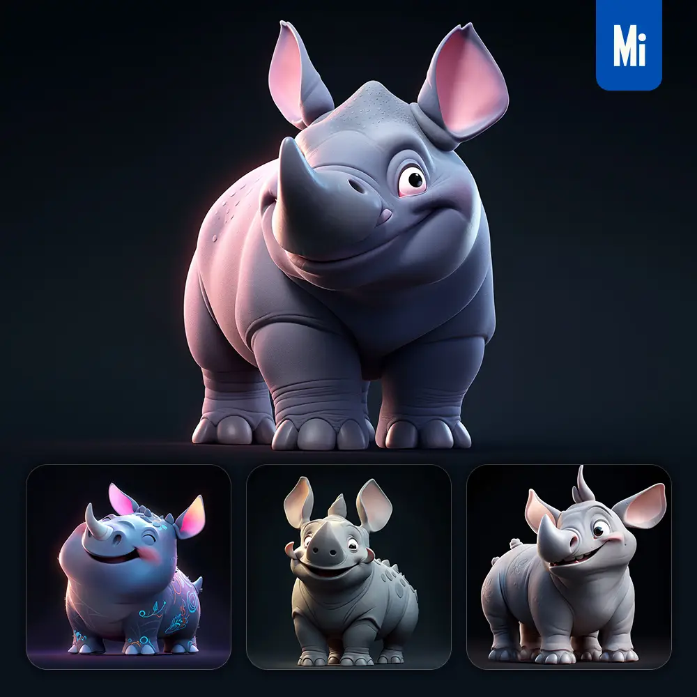 Midjourney Prompt Rhinoceros Cute 3D Cartoon IP Character C4D Animation