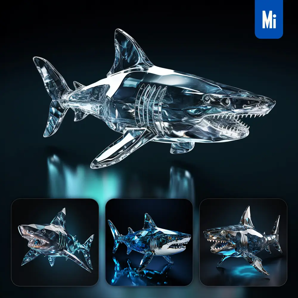 Midjourney Prompt Shark Glass Crystal 3D Transparent