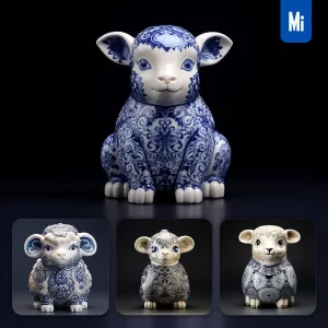 Midjourney Prompt Sheep Porcelain Blue Animals Chinese China Pattern 3D