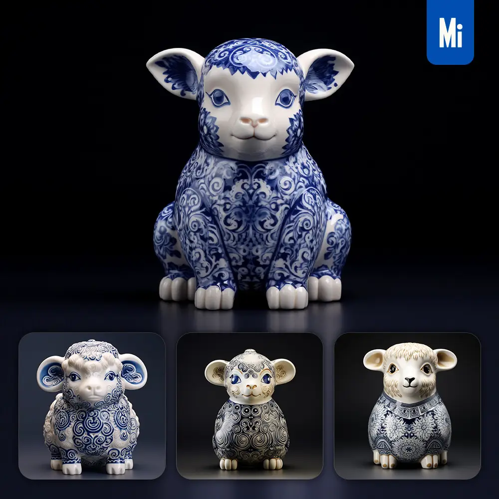 Midjourney Prompt Sheep Porcelain Blue Animals Chinese China Pattern 3D