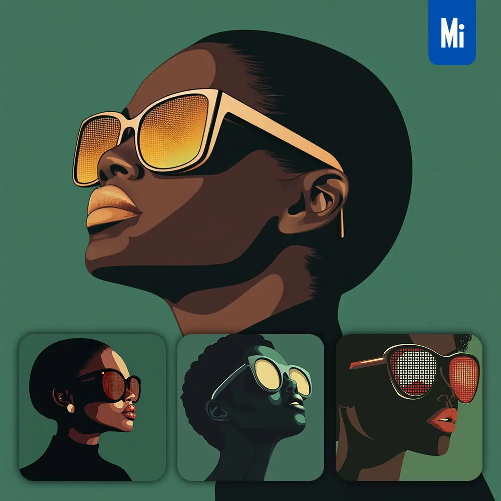Midjourney Prompt Side African American Woman Head Face Vintage Vector Sunglasses Flat Portrait Illustration