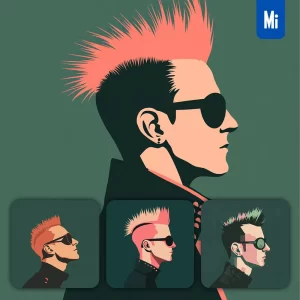 Midjourney Prompt Side Band Punk Mohawk Man Head Face Vintage Vector Sunglasses Flat Portrait Illustration