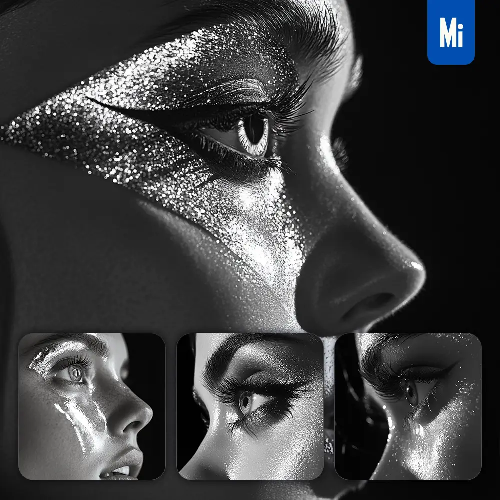 Midjourney Prompt Side Eyes Face Woman Close Up Black and White Photography