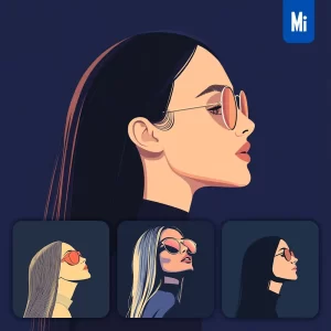 Midjourney Prompt Side Long Hair Lady Woman Head Face Vintage Vector Sunglasses Flat Portrait Illustration