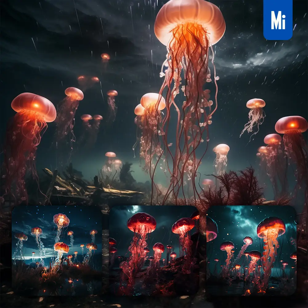 Midjourney Prompt Sky Dark Water Jellyfishes Float Science Fiction 3D Photography