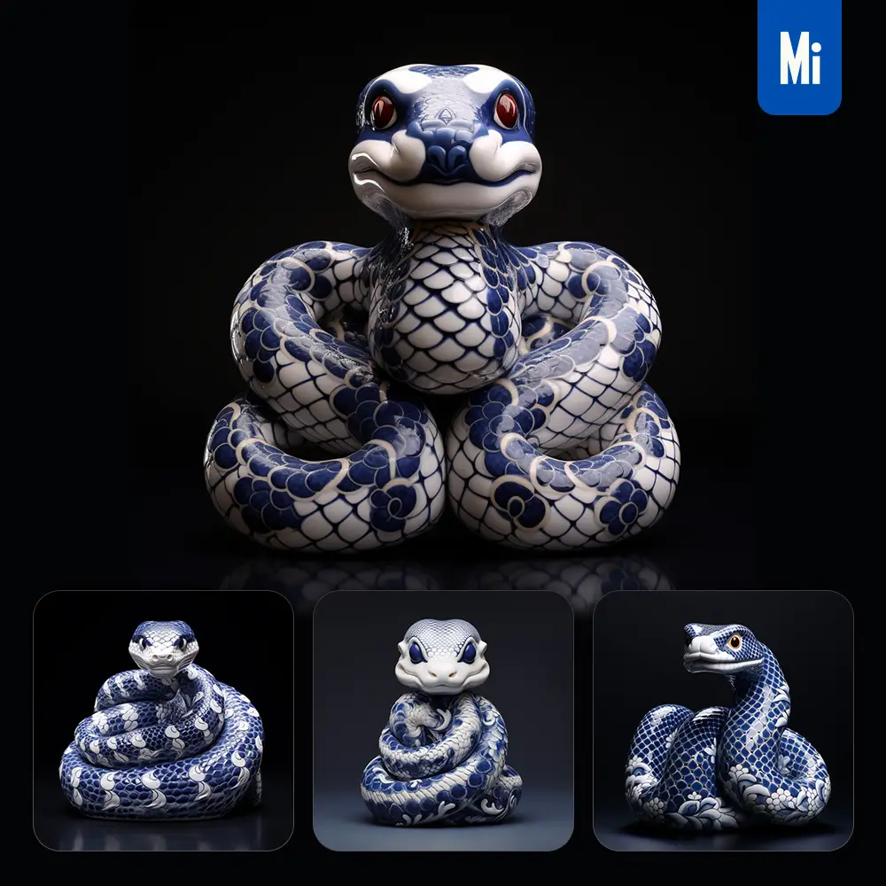 Midjourney Prompt Snake Porcelain Blue Animals Chinese China Pattern 3D