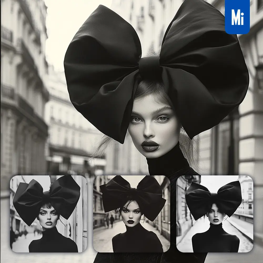 Midjourney Prompt Supermodel Bowknot Girl Woman Lady Dress Street Black and White Photography