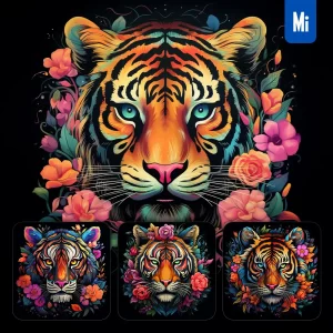 Midjourney Prompt Tiger Front Head Face Flowers Artist Colorful Painting Illustration Tattoo Pattern
