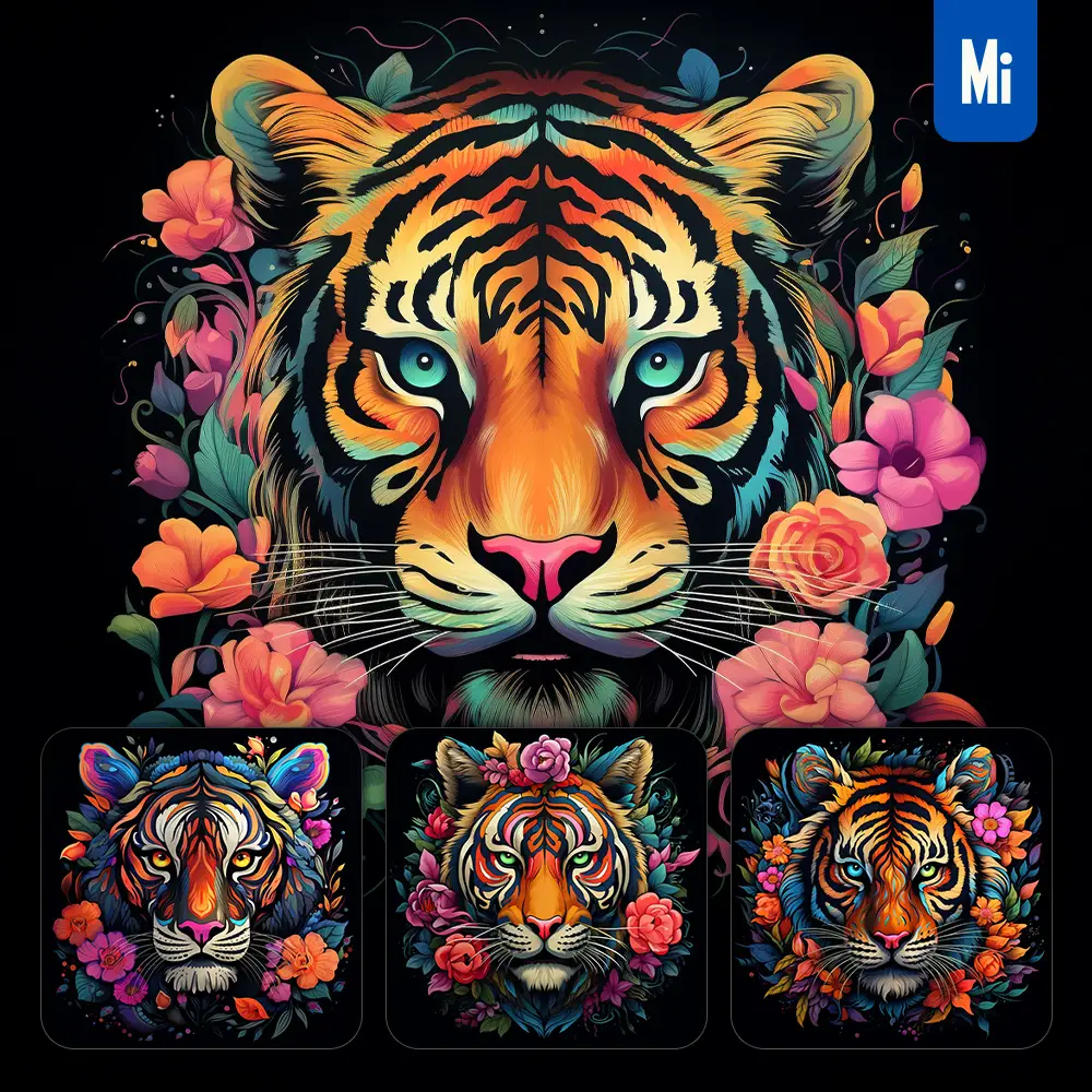 Midjourney Prompt Tiger Front Head Face Flowers Artist Colorful Painting Illustration Tattoo Pattern