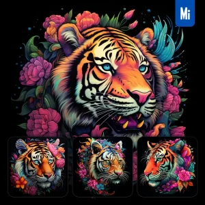 Midjourney Prompt Tiger Side Head Face Flowers Artist Colorful Painting Illustration Tattoo Pattern