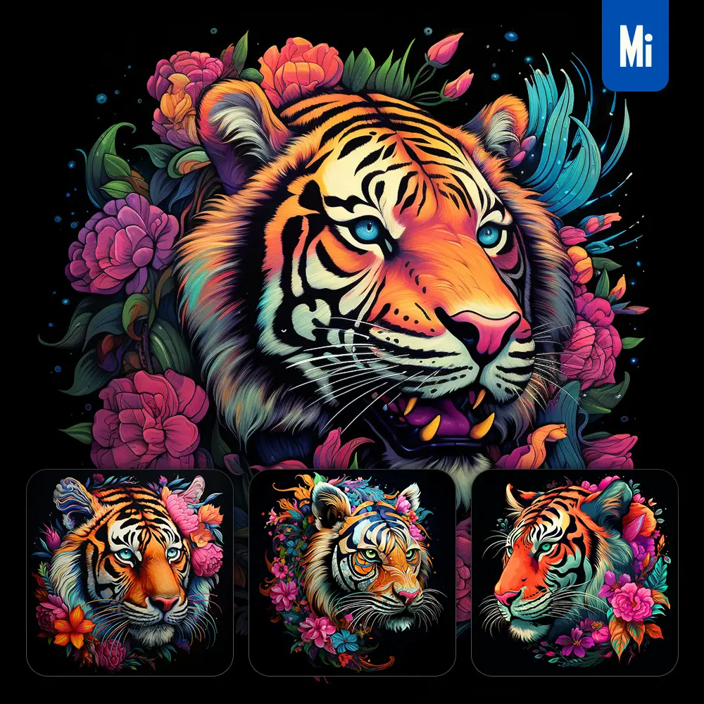 Midjourney Prompt Tiger Side Head Face Flowers Artist Colorful Painting Illustration Tattoo Pattern