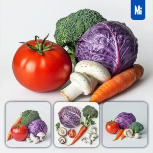 Midjourney Prompt Tomato Broccoli Cabbage Carrot Mushrooms Combination Vegetables Stack Photography