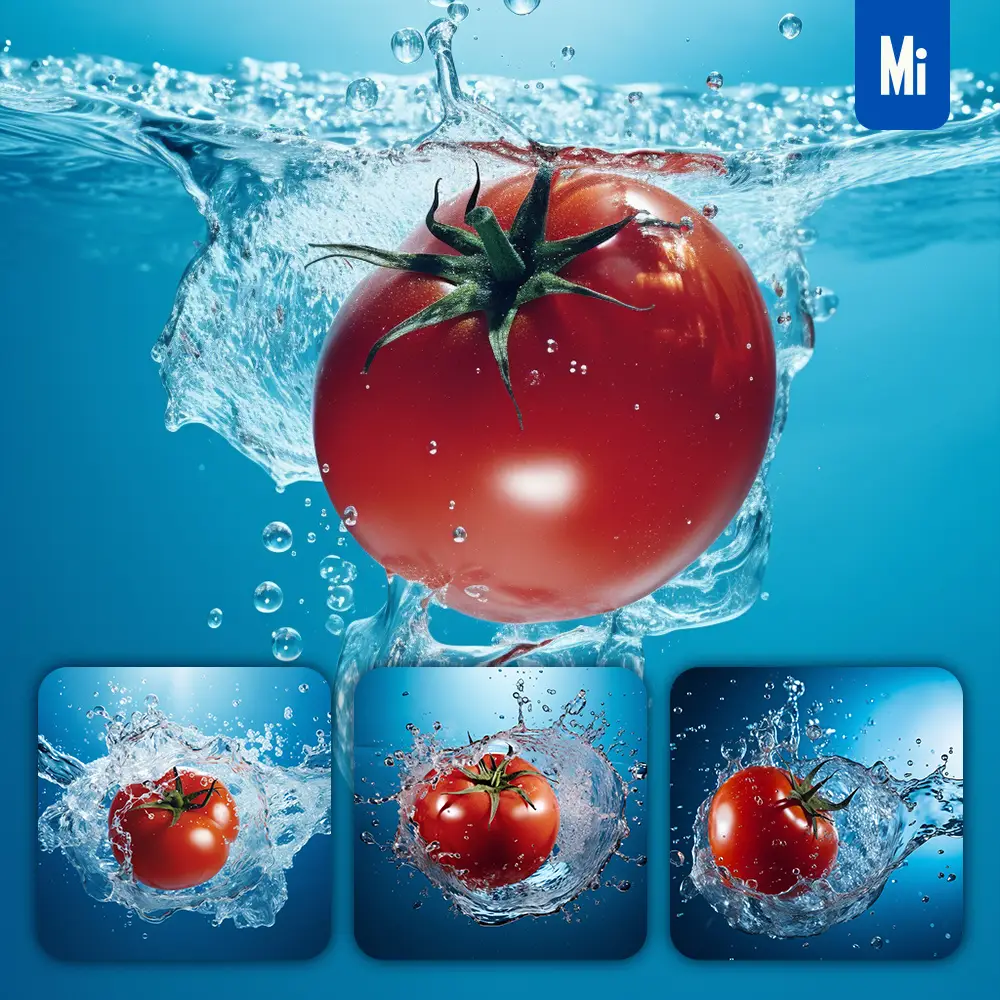 Midjourney Prompt Tomato Underwater Splash Water Spray Photography