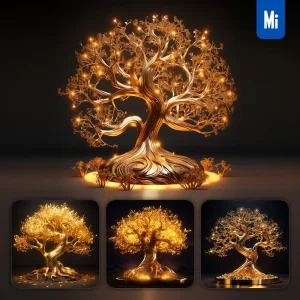 Midjourney Prompt Tree Golden Sparkling Lighting Material 3D