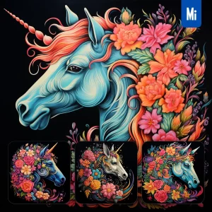Midjourney Prompt Unicorn Front Head Face Flowers Artist Colorful Painting Illustration Tattoo Pattern