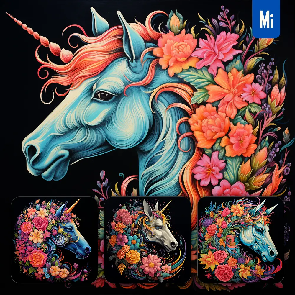 Midjourney Prompt Unicorn Front Head Face Flowers Artist Colorful Painting Illustration Tattoo Pattern