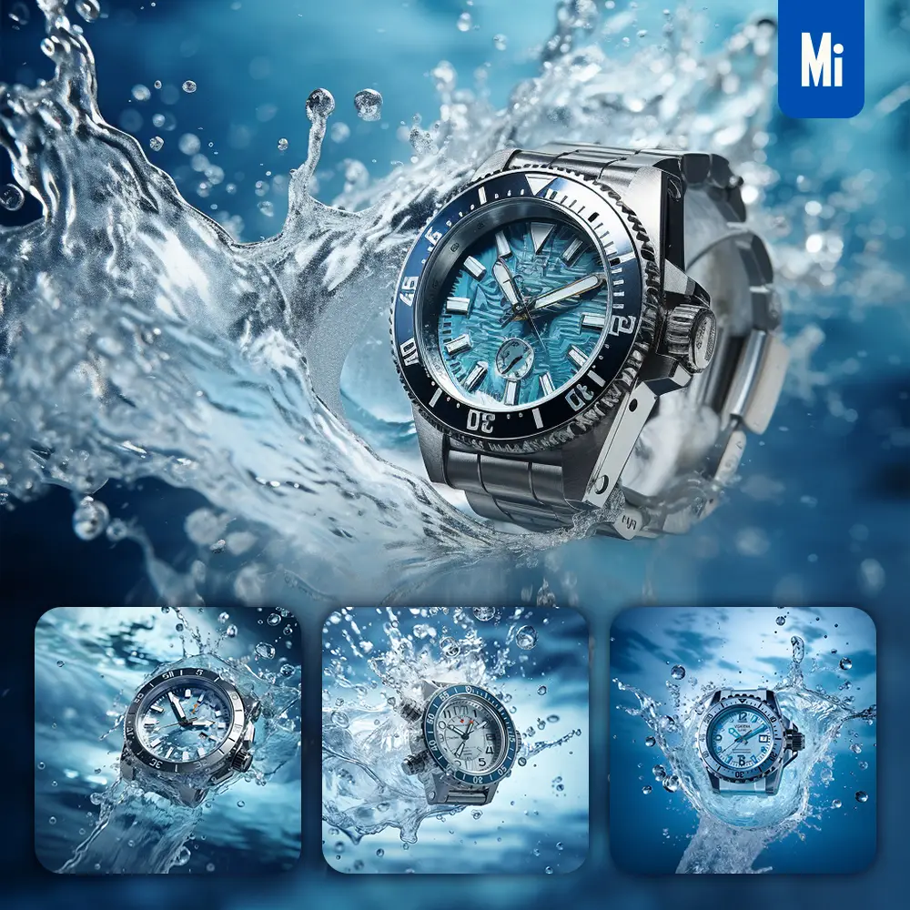 Midjourney Prompt Watch Underwater Splash Water Spray Photography