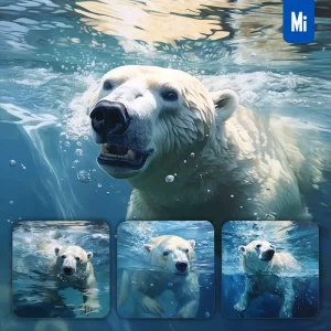 Midjourney Prompt White Polar Bear Ocean Swimming Underwater Sea Face Oil Painting