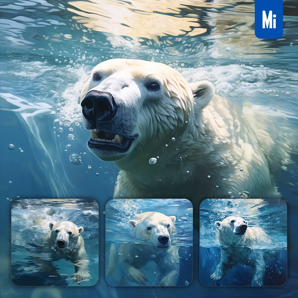 Midjourney Prompt White Polar Bear Ocean Swimming Underwater Sea Face Oil Painting