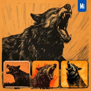 Midjourney Prompt Wolf Woodprint Screaming Shout Black Orange Woodcut Print Engraving