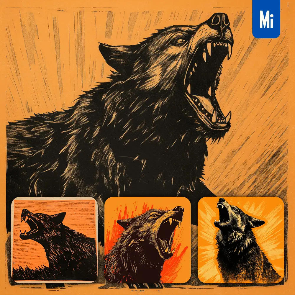 Midjourney Prompt Wolf Woodprint Screaming Shout Black Orange Woodcut Print Engraving