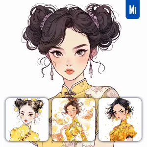 Midjourney Prompt Yellow Chinese Girl Woman Cheongsam Portrait Cartoon Illustration