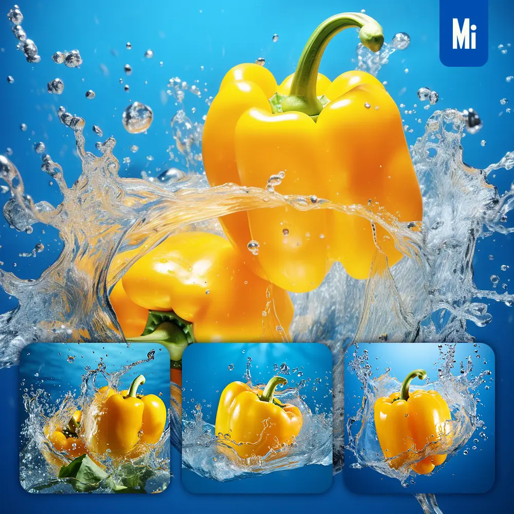 Midjourney Prompt Yellow Bell Pepper Underwater Splash Water Spray Photography
