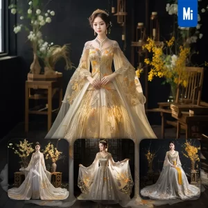 Midjourney Prompt Yellow White Wedding Dress Fairy Chinese Traditional Model Apparel Design Skirt