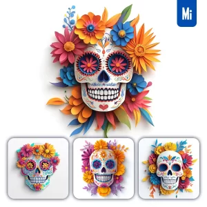 Midjourney Prompt 3D Dead Skull Colorful Flowers White Paper Cut Illustration Mexican