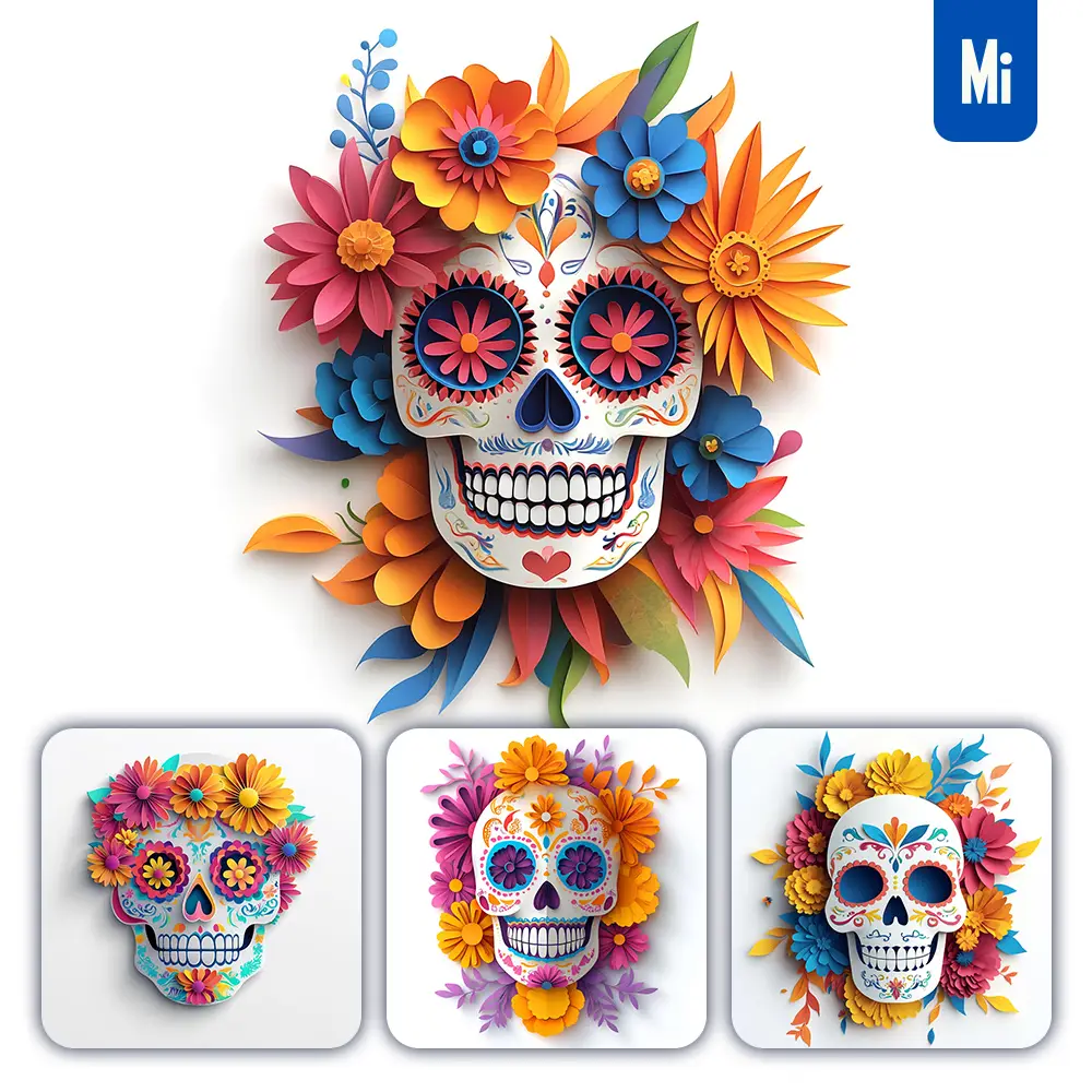 Midjourney Prompt 3D Dead Skull Colorful Flowers White Paper Cut Illustration Mexican