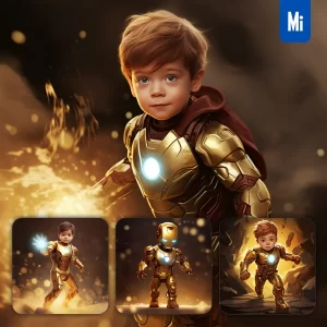 Midjourney Prompt Iron Man Little Boy Kids Superhero Golden Cartoon Illustration Painting