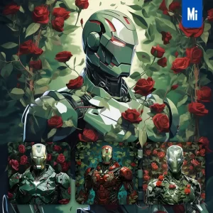 Midjourney Prompt Iron Man Roses Green Butterfly Leaves Portrait Painting Illustration