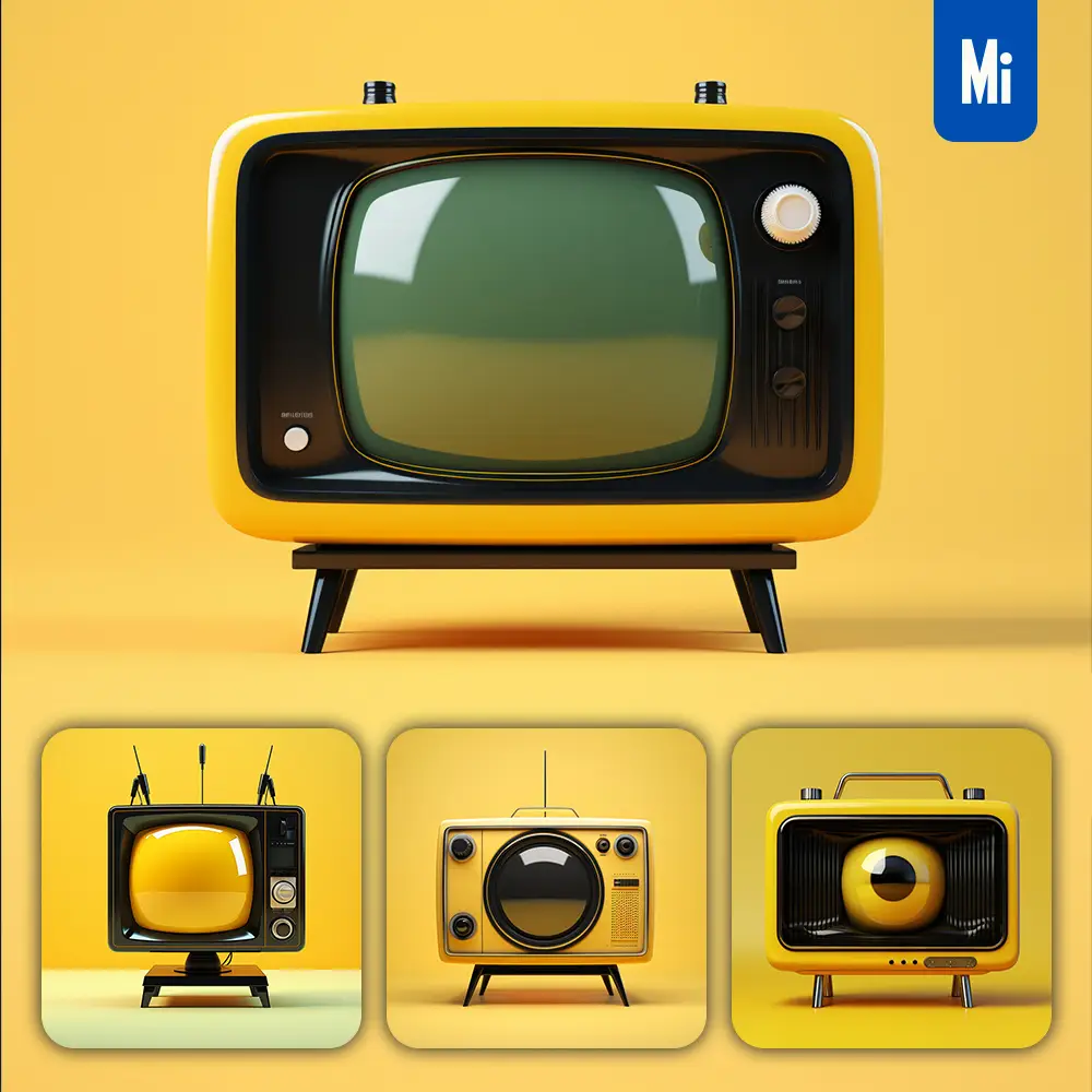 Midjourney Prompt TV Television Yellow Black Retro Industrial Product Functional Design 3D Rendering Photography