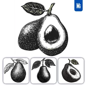 Midjourney Prompt Avocado Woodcut Print Black and White Illustration