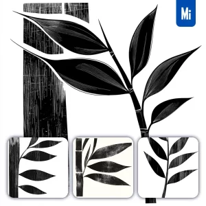 Midjourney Prompt Bamboo Leaf Vector Woodcut Print Black and White Illustration Graphic Pattern