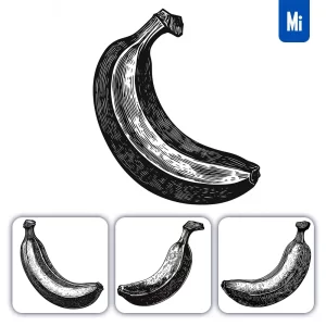 Midjourney Prompt Banana Woodcut Print Black and White Illustration