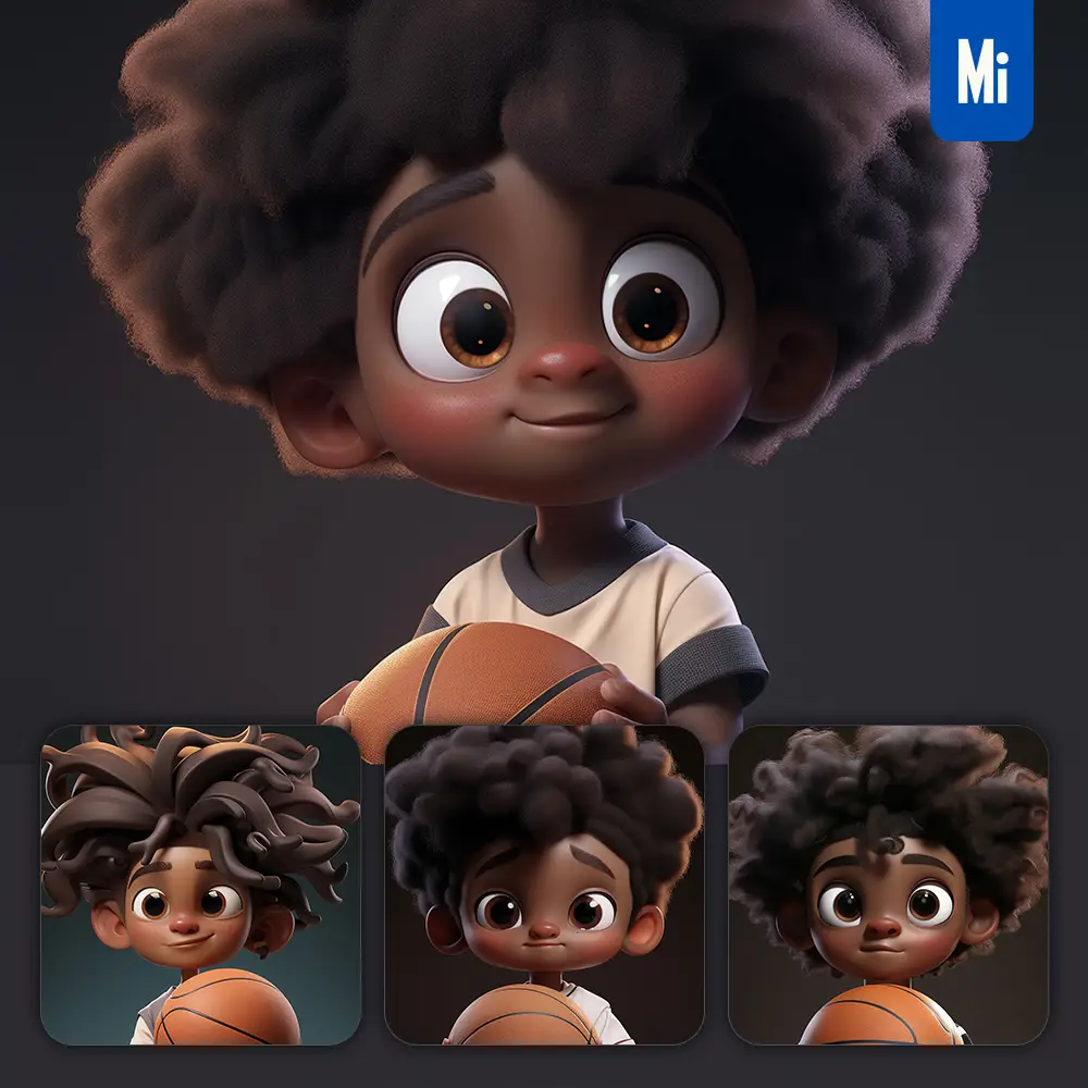 Midjourney Prompt Basketball Boy African Pupil Kids Children 3D Cute Doll Blind Box Cartoon