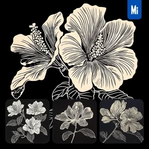Midjourney Prompt Bauhinia Flower Black and White Woodcut Print Ink Painting Illustration